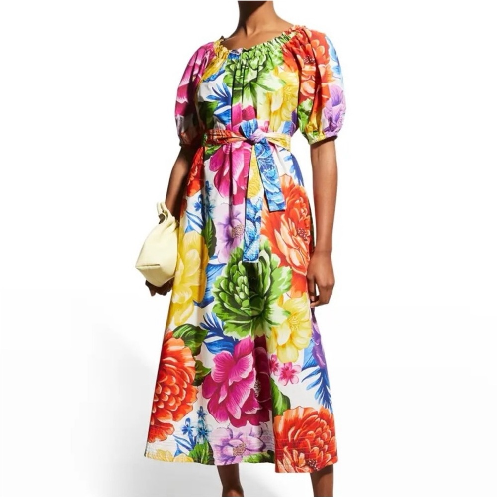 FARM RIO Rainbow Chita Midi Belted Dress Sz XL Off Shoulder Tropical Resort
